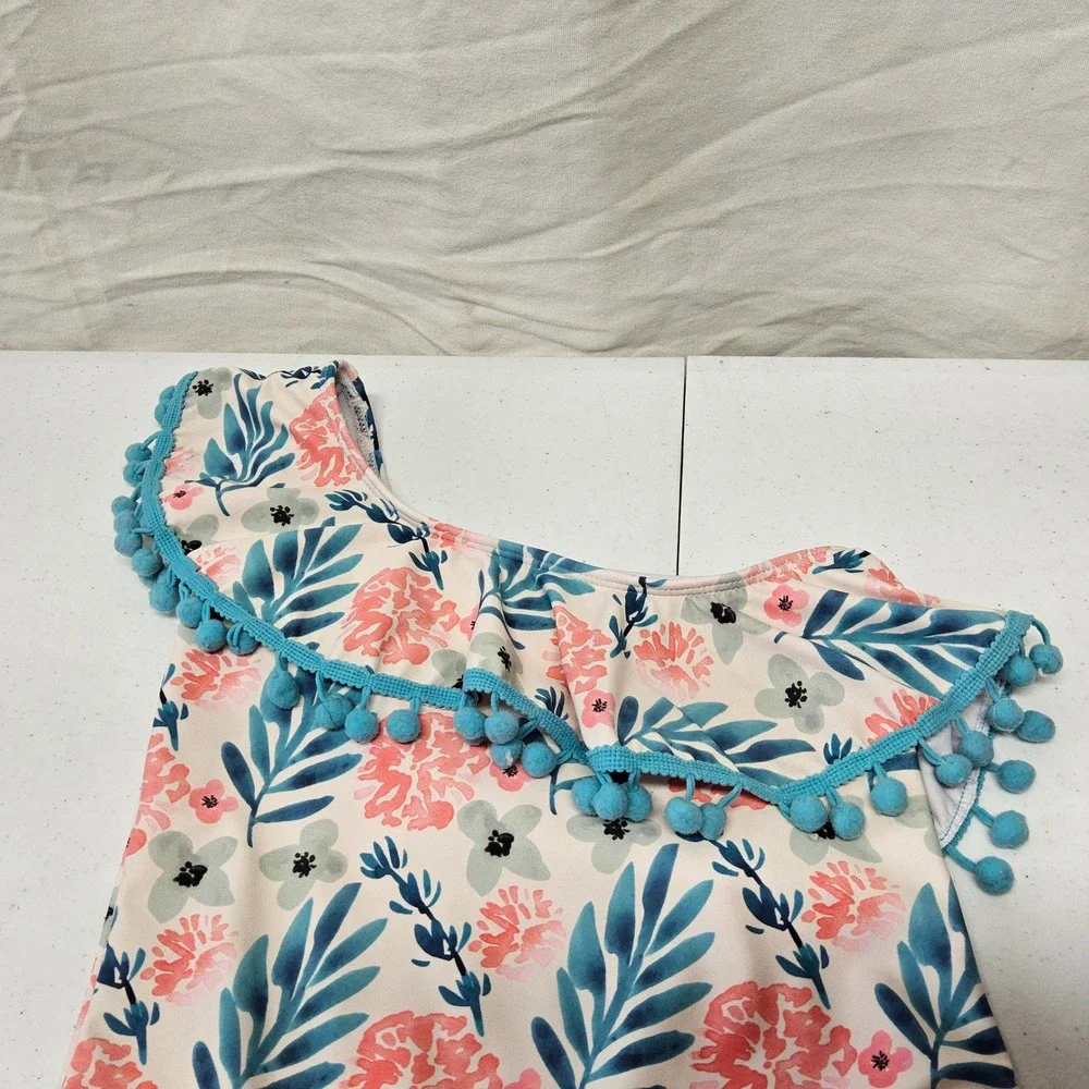 Ruffle Girl One Piece Swimsuit Kids XXL Cream Pink‎ Floral Pom Pom One Shoulder